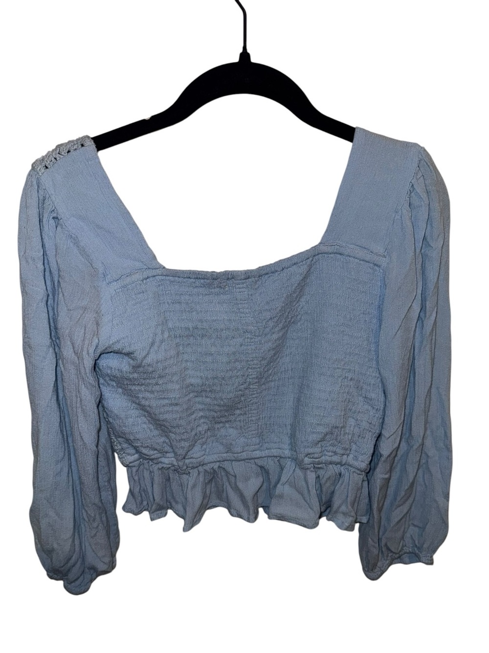 Sim & Sam Light Blue Crochet Puff Sleeve Cropped Blouse Medium - Picture 3 of 5